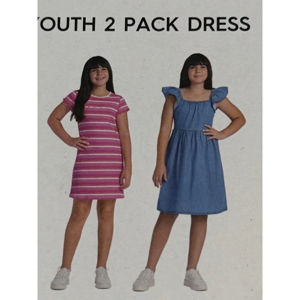 NEW Roxy Youth 2 Pack Dress Pink Striped Ribbed Knit and Blue Smocked Denim Look